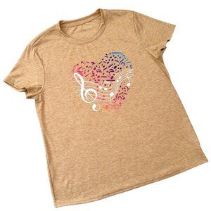 Music Heart T Shirt Size L Tan Short Sleeve Musical Notes Graphic